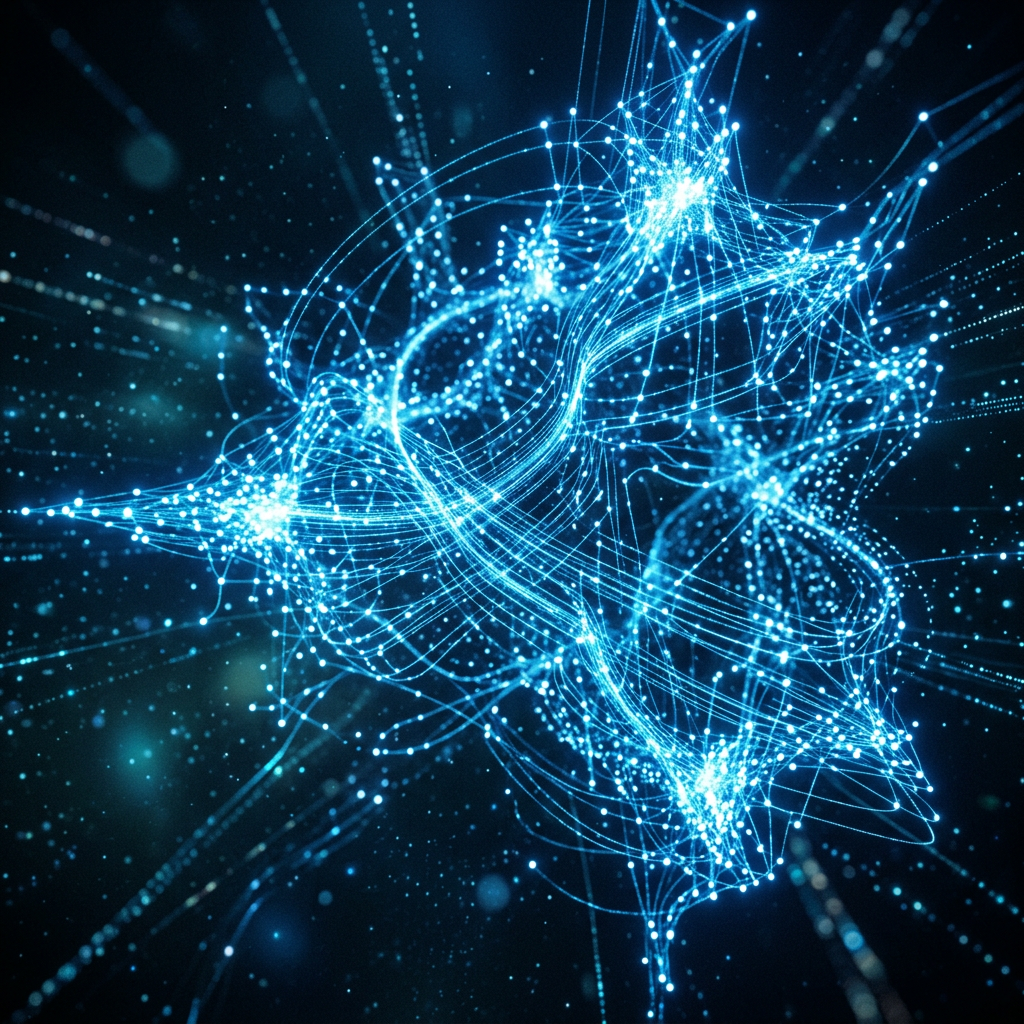 Glowing blue nodes connected by flowing lines in an abstract network